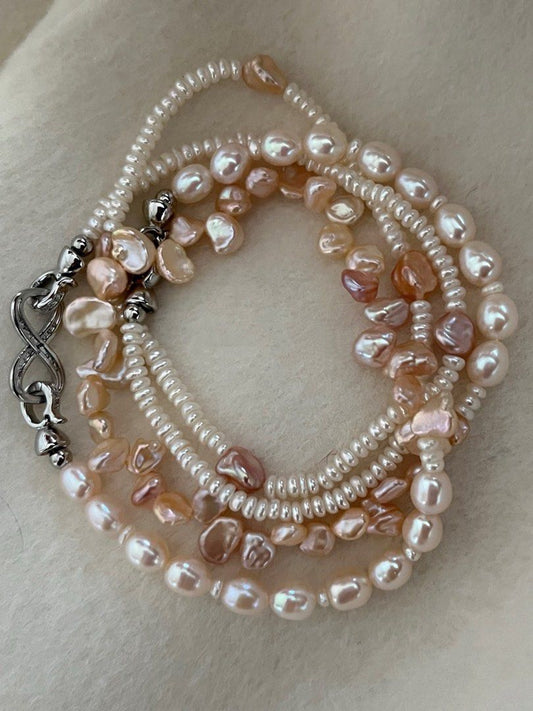 #PN642 Double-layer Freshwater Pearl Necklace | Peach Pink Petal|Baroque Pearl | Layered Baby Pearl | Lustrous | Multi Wear