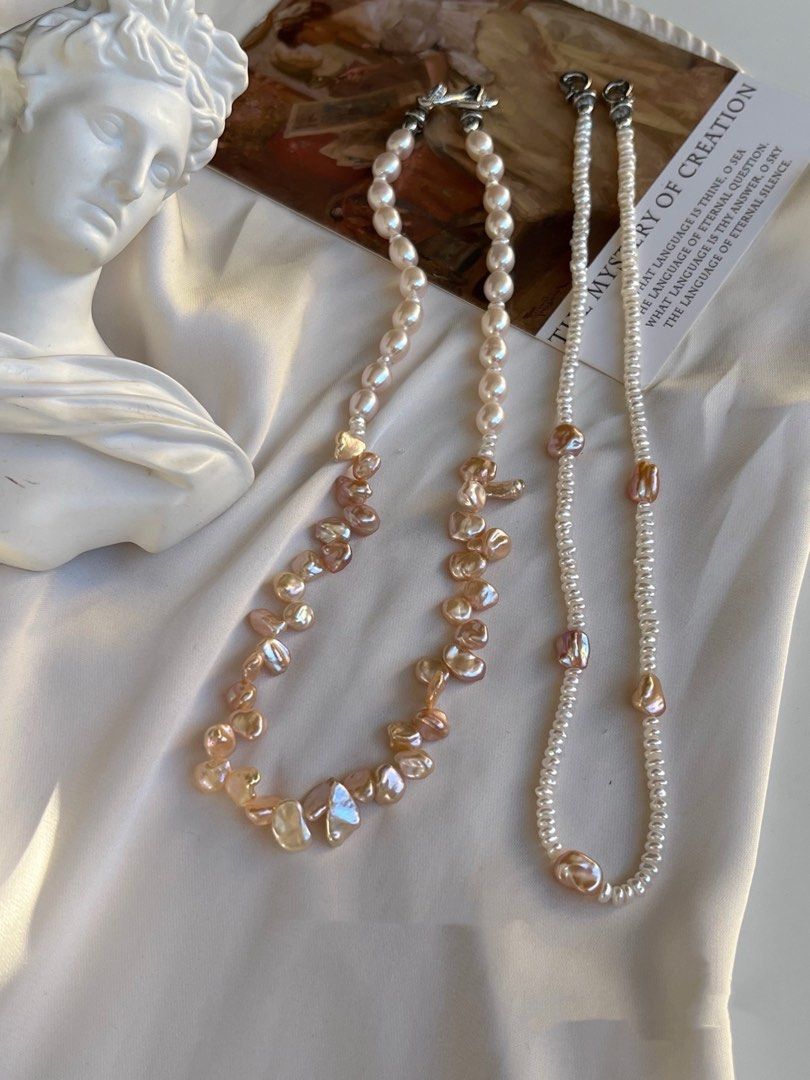 #PN642 Double-layer Freshwater Pearl Necklace | Peach Pink Petal|Baroque Pearl | Layered Baby Pearl | Lustrous | Multi Wear
