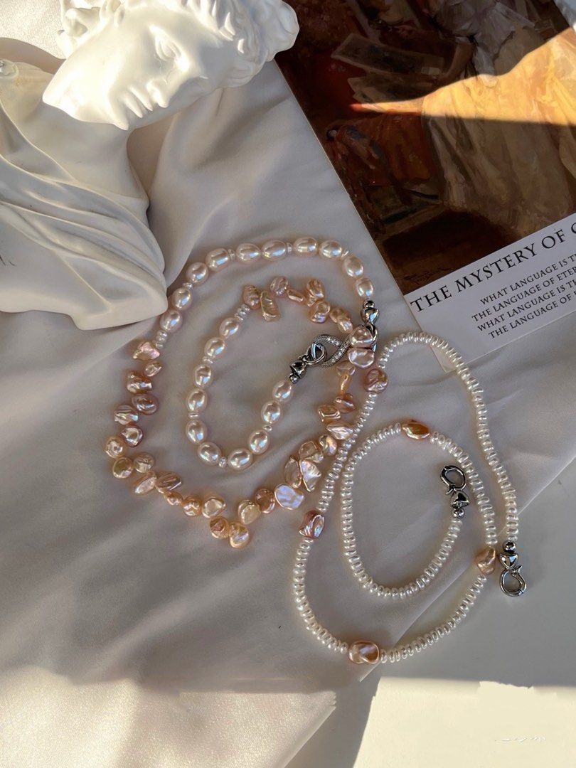 #PN642 Double-layer Freshwater Pearl Necklace | Peach Pink Petal|Baroque Pearl | Layered Baby Pearl | Lustrous | Multi Wear