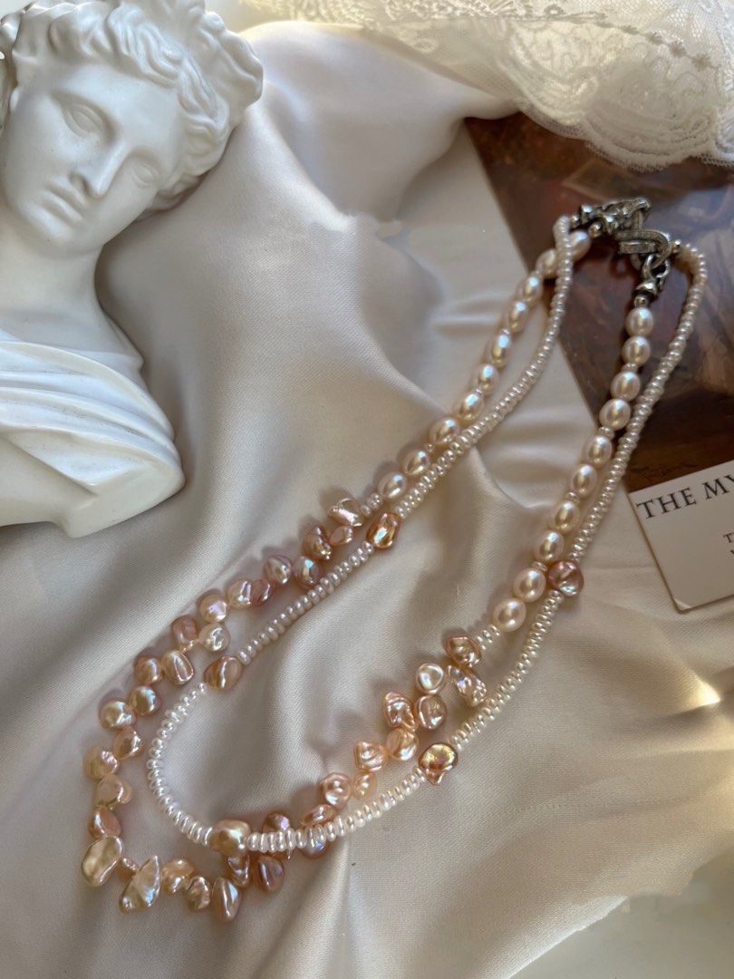 #PN642 Double-layer Freshwater Pearl Necklace | Peach Pink Petal|Baroque Pearl | Layered Baby Pearl | Lustrous | Multi Wear