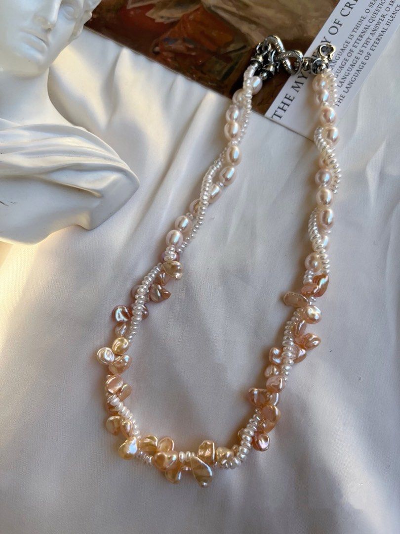 #PN642 Double-layer Freshwater Pearl Necklace | Peach Pink Petal|Baroque Pearl | Layered Baby Pearl | Lustrous | Multi Wear
