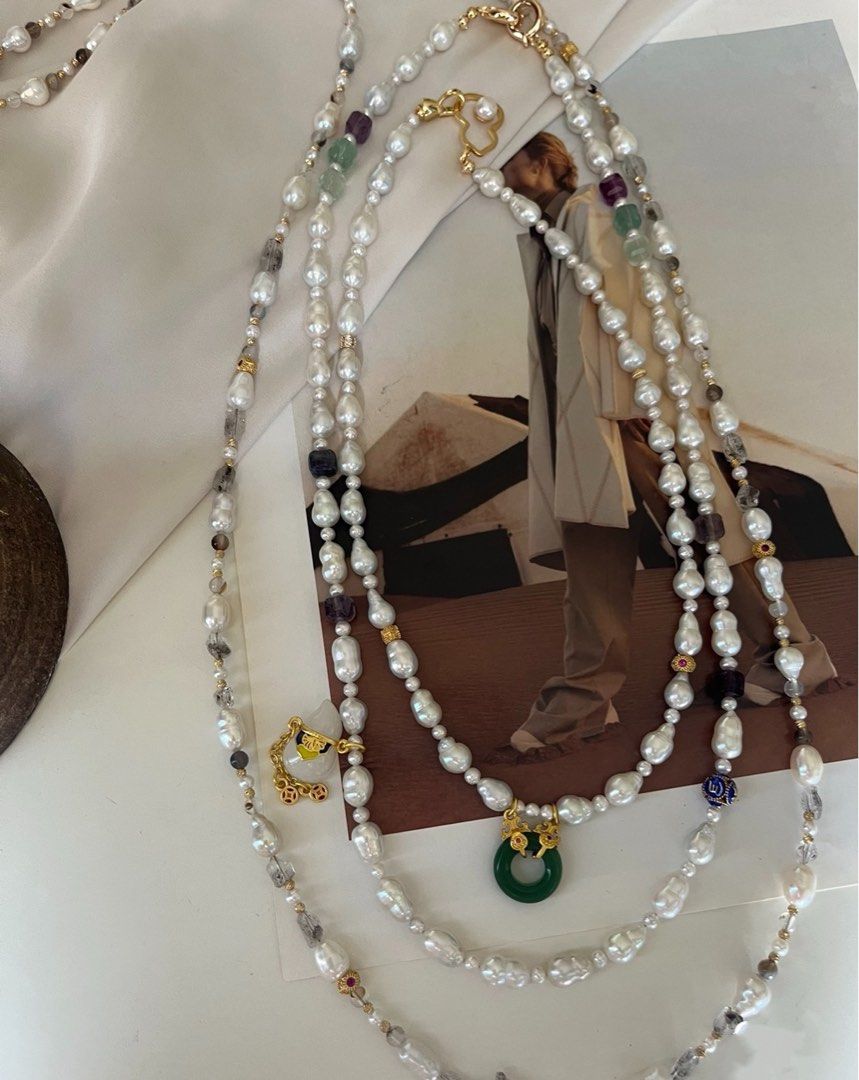 #PN643 Freshwater Pearl Necklace | Cold Light Gourd Pearl| Gourd Clasp| Lustrous | Hetian Jade Donut | Unique Design
