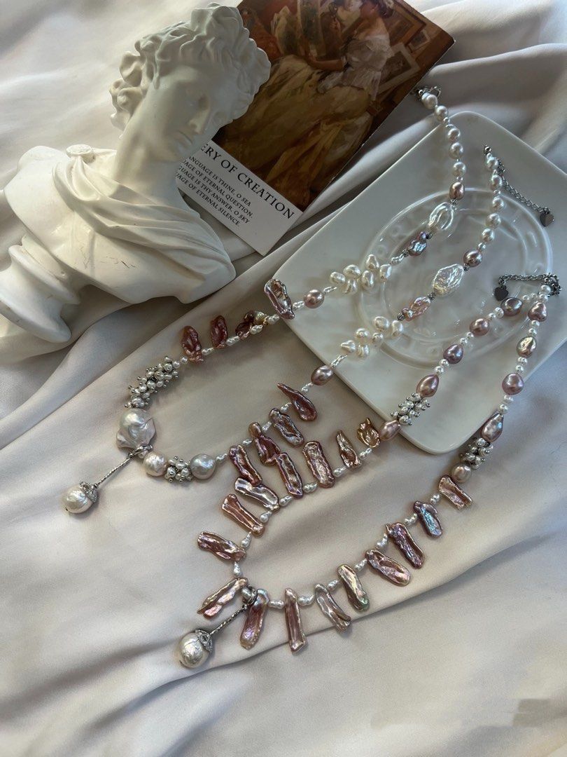 #PN644 [Floral Series] Freshwater Pearl Necklace | Aurora Metallic Lustre Lute Pearl | Wrinkled Baroque Removable Pendant