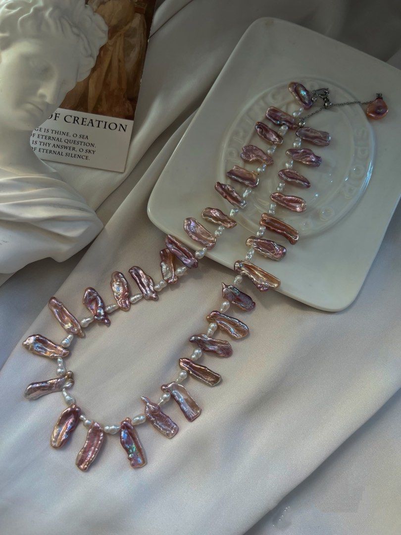 #PN644 [Floral Series] Freshwater Pearl Necklace | Aurora Metallic Lustre Lute Pearl | Wrinkled Baroque Removable Pendant