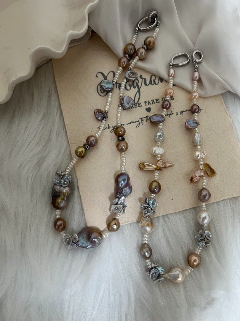 #PN645 [Floral Series] Freshwater Pearl Necklace | Golden-metallic Fishtail & Lute Baroque Pearl | Silver Petal Pearl