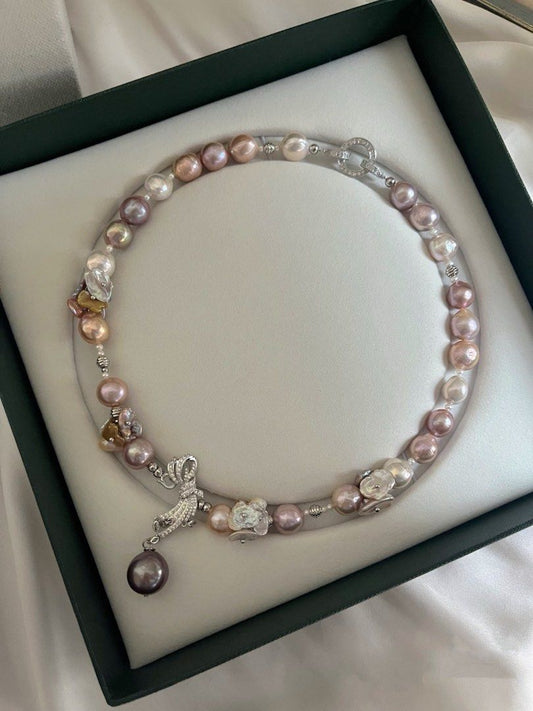 #PN646 [Floral Series] Colourful Big Baroque Pearl Necklace | Excellent Lustre | High Quality | Metallic Purple Baroque Pendant | Removable | Zircon| Petals