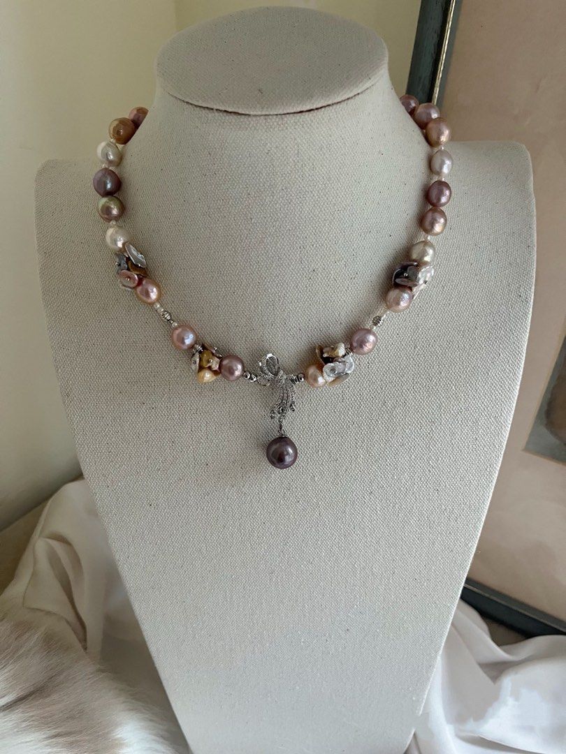 #PN646 [Floral Series] Colourful Big Baroque Pearl Necklace | Excellent Lustre | High Quality | Metallic Purple Baroque Pendant | Removable | Zircon| Petals