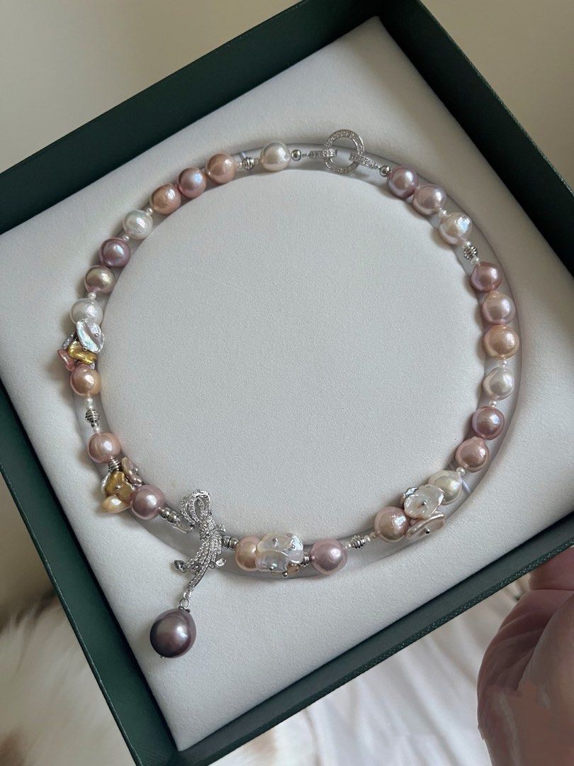 #PN646 [Floral Series] Colourful Big Baroque Pearl Necklace | Excellent Lustre | High Quality | Metallic Purple Baroque Pendant | Removable | Zircon| Petals