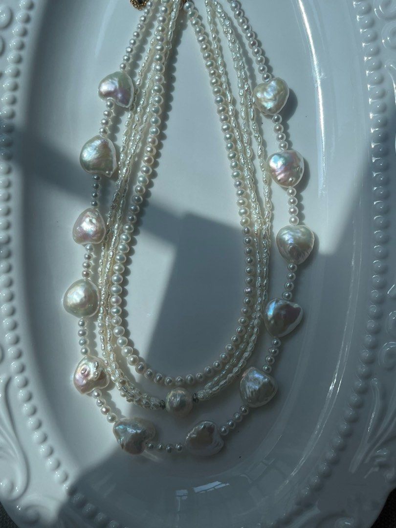 #PN647 Freshwater Pearl Necklace | Simplicity & Elegance| 3-layer |Lustrous Big Heart Shaped Pearl | Baby Pearl