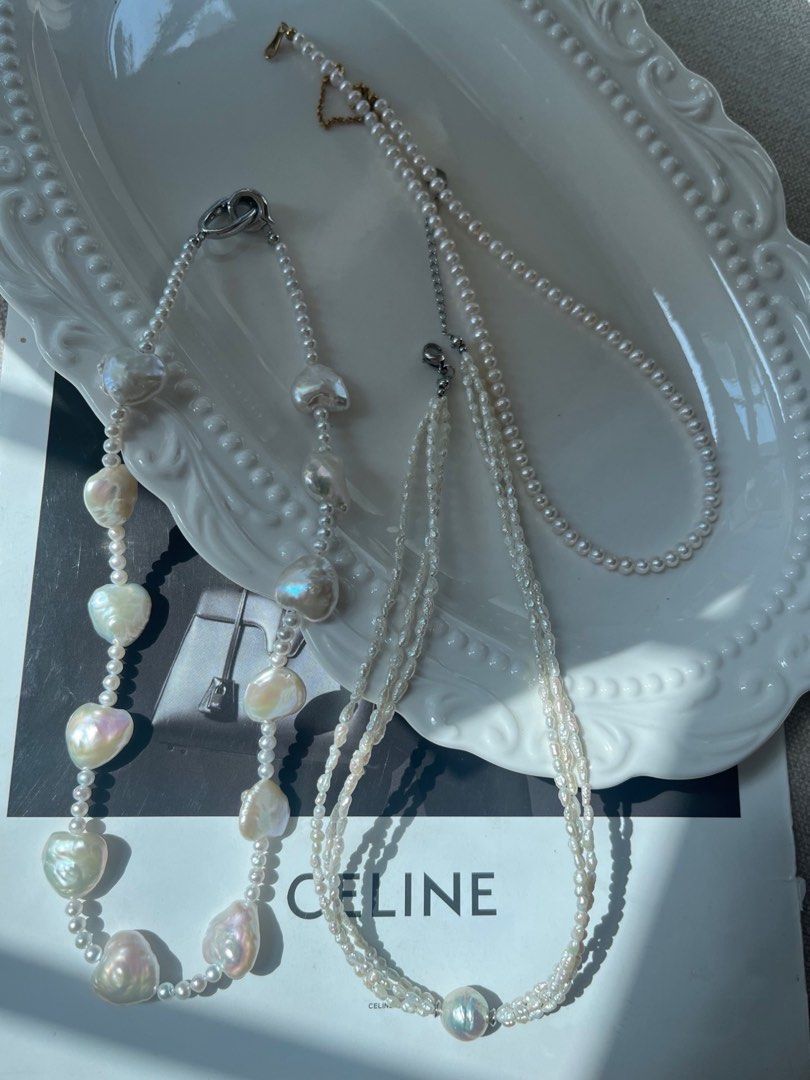 #PN647 Freshwater Pearl Necklace | Simplicity & Elegance| 3-layer |Lustrous Big Heart Shaped Pearl | Baby Pearl