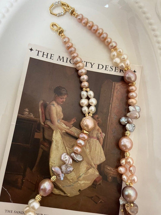 #PN649 [Floral Series] Freshwater Pearl Necklace | Big Chunky Fishtail Baroque Pearl | Black Gold Super 7| Braided| Petals| Lustrous