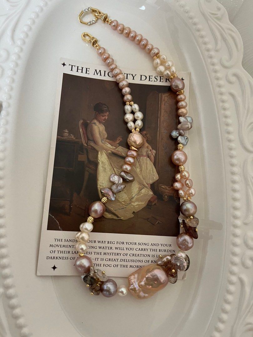 #PN649 [Floral Series] Freshwater Pearl Necklace | Big Chunky Fishtail Baroque Pearl | Black Gold Super 7| Braided| Petals| Lustrous