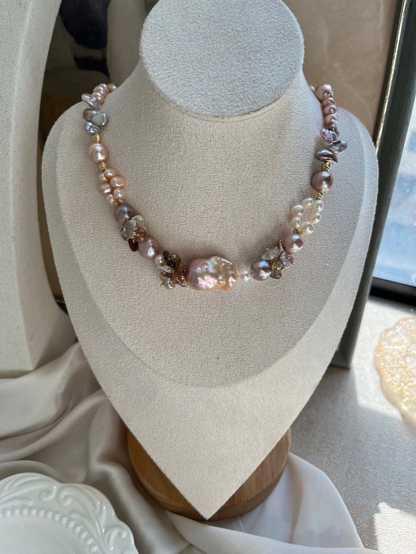 #PN649 [Floral Series] Freshwater Pearl Necklace | Big Chunky Fishtail Baroque Pearl | Black Gold Super 7| Braided| Petals| Lustrous