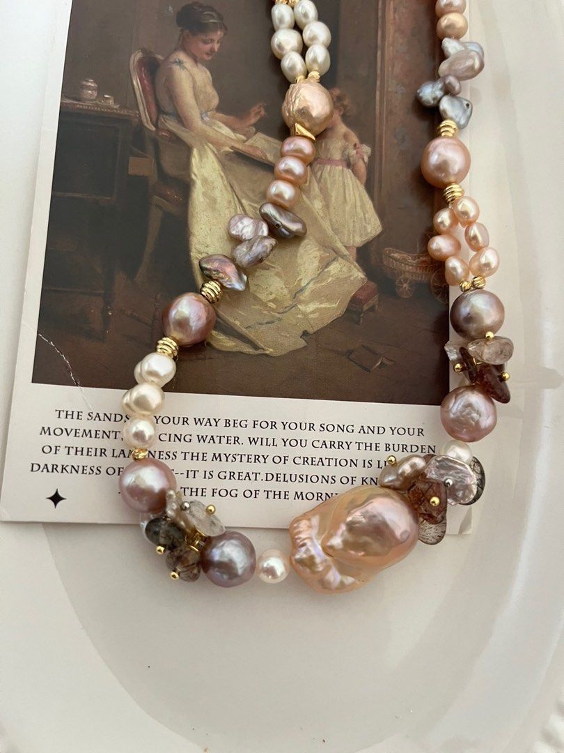 #PN649 [Floral Series] Freshwater Pearl Necklace | Big Chunky Fishtail Baroque Pearl | Black Gold Super 7| Braided| Petals| Lustrous