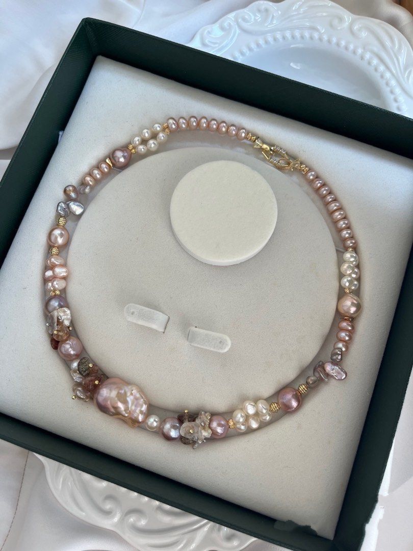 #PN649 [Floral Series] Freshwater Pearl Necklace | Big Chunky Fishtail Baroque Pearl | Black Gold Super 7| Braided| Petals| Lustrous