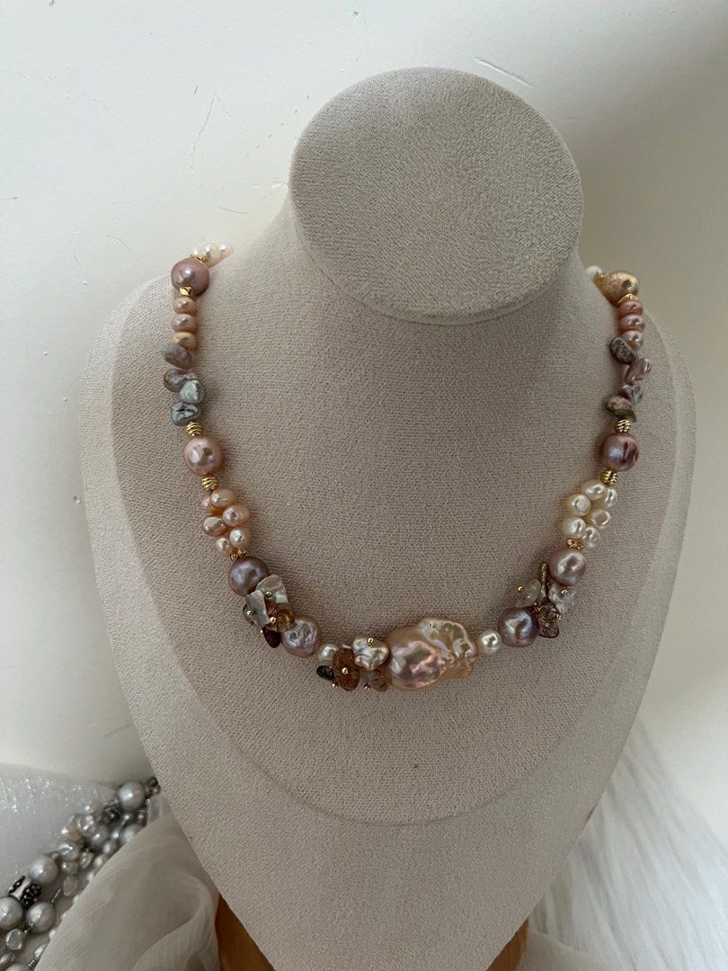 #PN649 [Floral Series] Freshwater Pearl Necklace | Big Chunky Fishtail Baroque Pearl | Black Gold Super 7| Braided| Petals| Lustrous