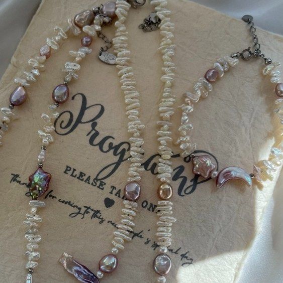 #PN636 Freshwater Pearl Necklace & Bracelet Set | Star & Moon Shaped Pearl | Golden Leaf Pearl | Layered White Stick Pearl| Lustrous