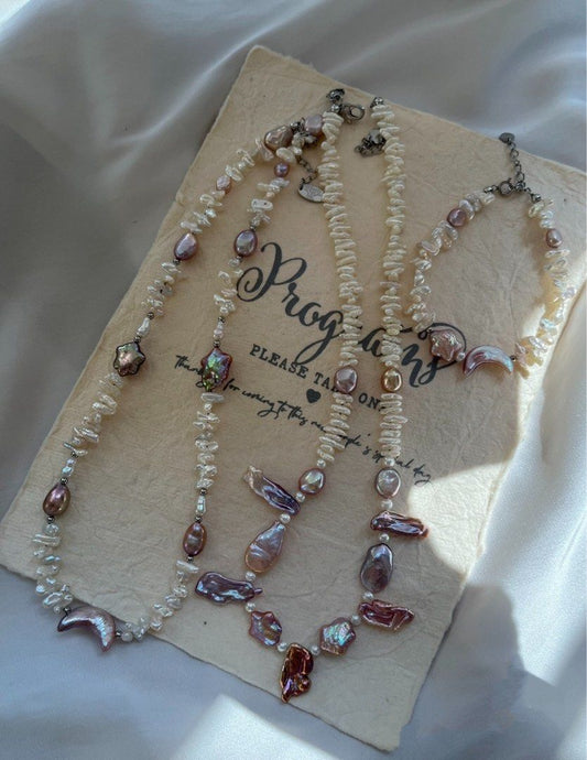 #PN636 Freshwater Pearl Necklace & Bracelet Set | Star & Moon Shaped Pearl | Golden Leaf Pearl | Layered White Stick Pearl| Lustrous