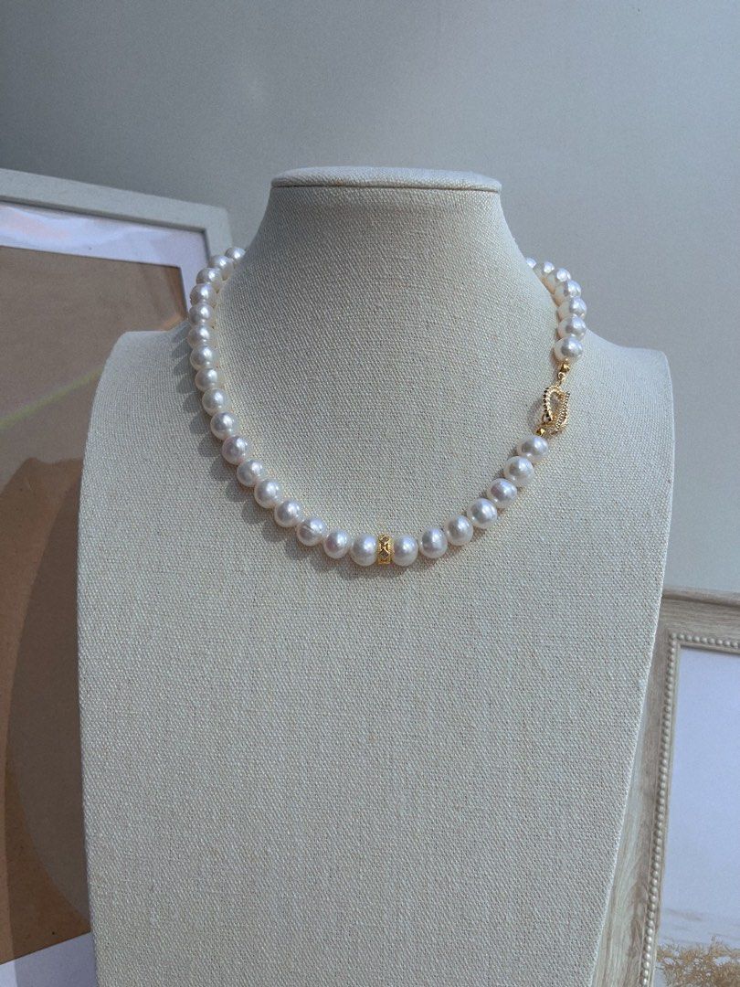 #PN651 Freshwater Pearl Necklace & Earrings Set| Big Size Pearl 10mm| Natural Flaws| Lustrous | Titanium Earrings| OT Clasp