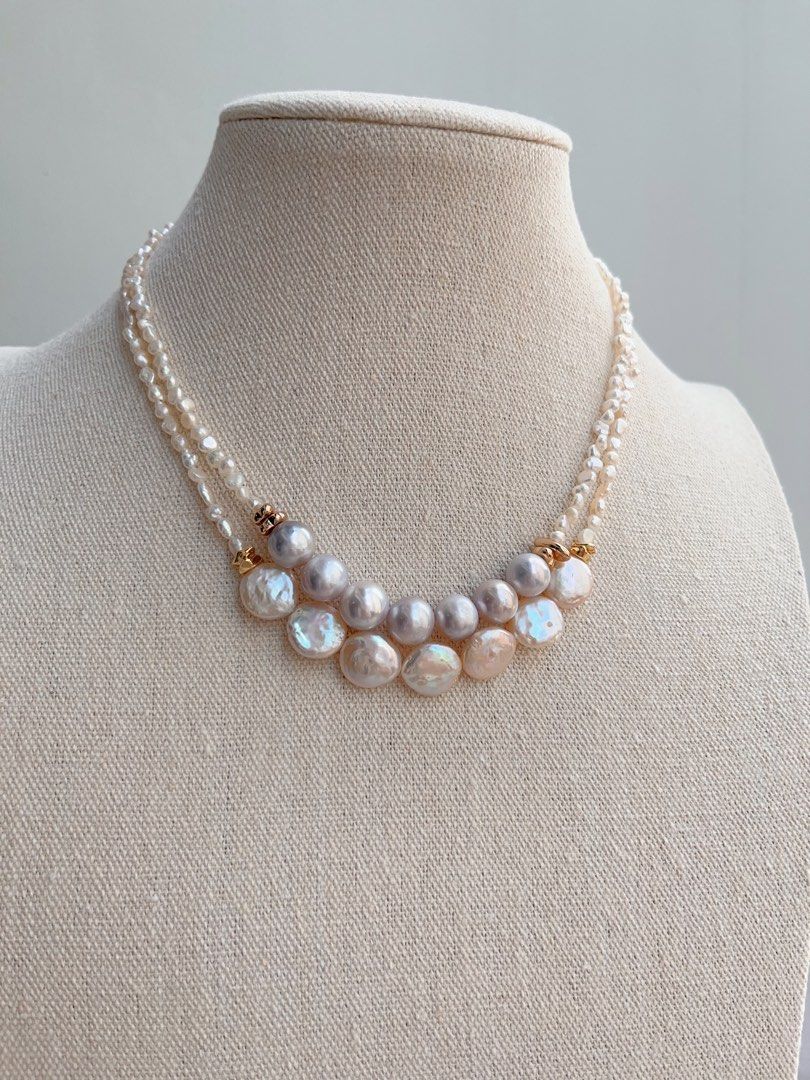 #PN653 Freshwater Pearl Necklace | Blue-Grey Lustre| Champagne Rainbow Lustre| Baby Baroque Pearl | Original Design