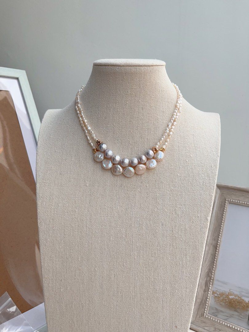 #PN653 Freshwater Pearl Necklace | Blue-Grey Lustre| Champagne Rainbow Lustre| Baby Baroque Pearl | Original Design