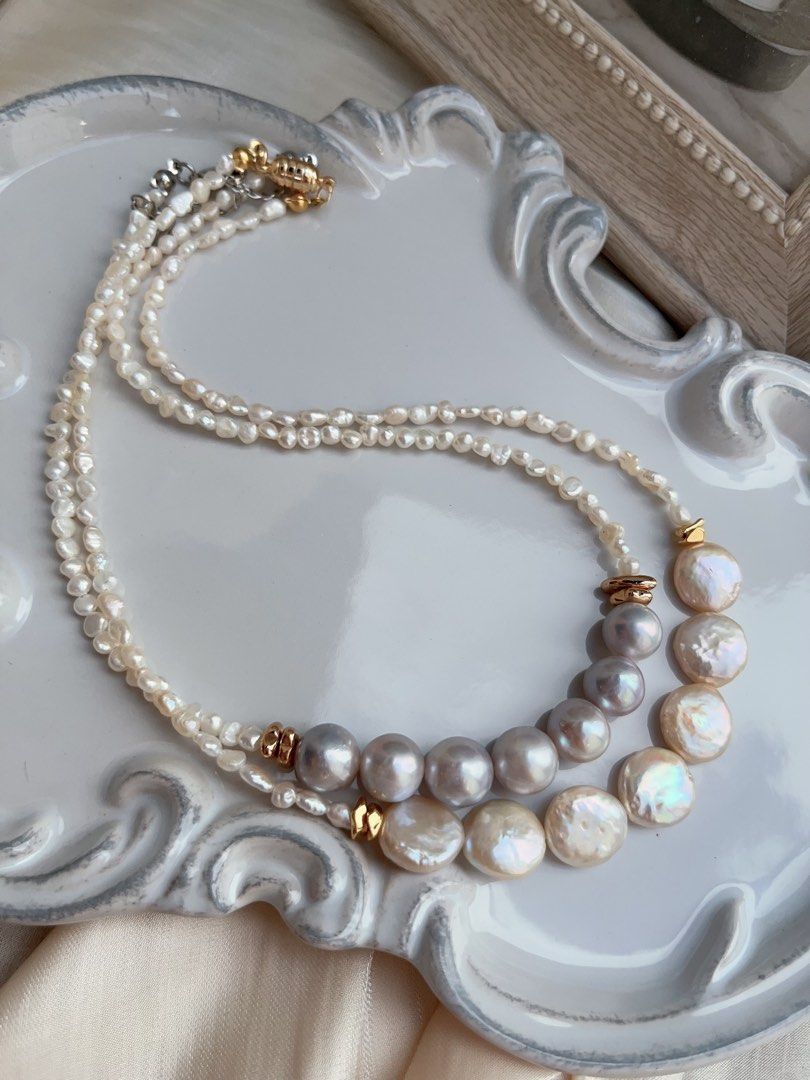 #PN653 Freshwater Pearl Necklace | Blue-Grey Lustre| Champagne Rainbow Lustre| Baby Baroque Pearl | Original Design