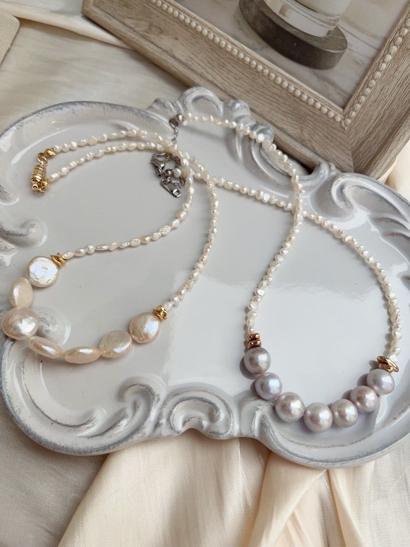 #PN653 Freshwater Pearl Necklace | Blue-Grey Lustre| Champagne Rainbow Lustre| Baby Baroque Pearl | Original Design