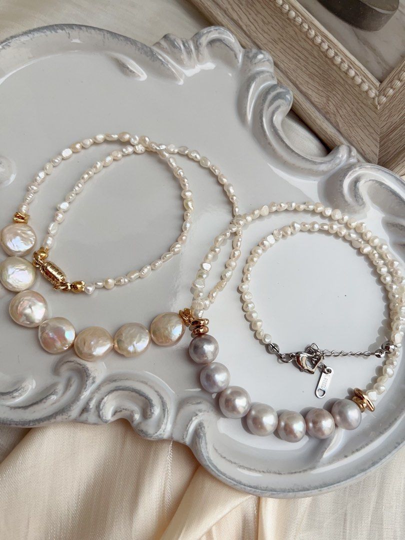 #PN653 Freshwater Pearl Necklace | Blue-Grey Lustre| Champagne Rainbow Lustre| Baby Baroque Pearl | Original Design