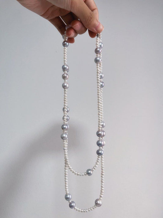 #PN654 Freshwater Pearl Necklace & Earrings Set| Grey-blue Big Pearl| Baby Abacus Pearl | Double Layered | Elegant | Bow Tie Clasp