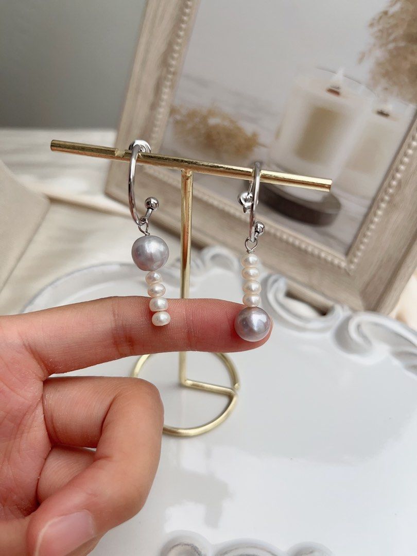 #PN654 Freshwater Pearl Necklace & Earrings Set| Grey-blue Big Pearl| Baby Abacus Pearl | Double Layered | Elegant | Bow Tie Clasp