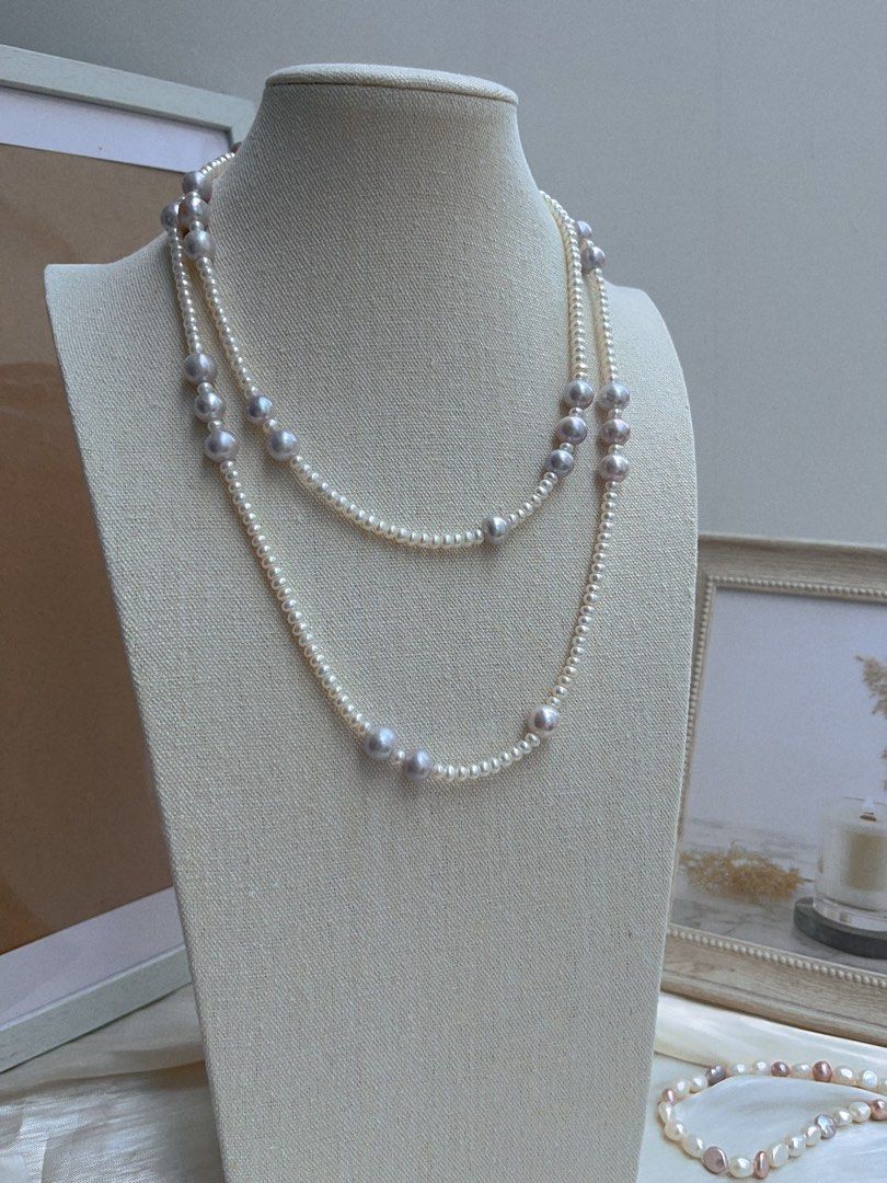 #PN654 Freshwater Pearl Necklace & Earrings Set| Grey-blue Big Pearl| Baby Abacus Pearl | Double Layered | Elegant | Bow Tie Clasp