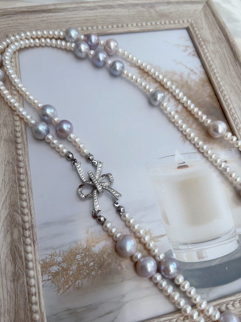 #PN654 Freshwater Pearl Necklace & Earrings Set| Grey-blue Big Pearl| Baby Abacus Pearl | Double Layered | Elegant | Bow Tie Clasp