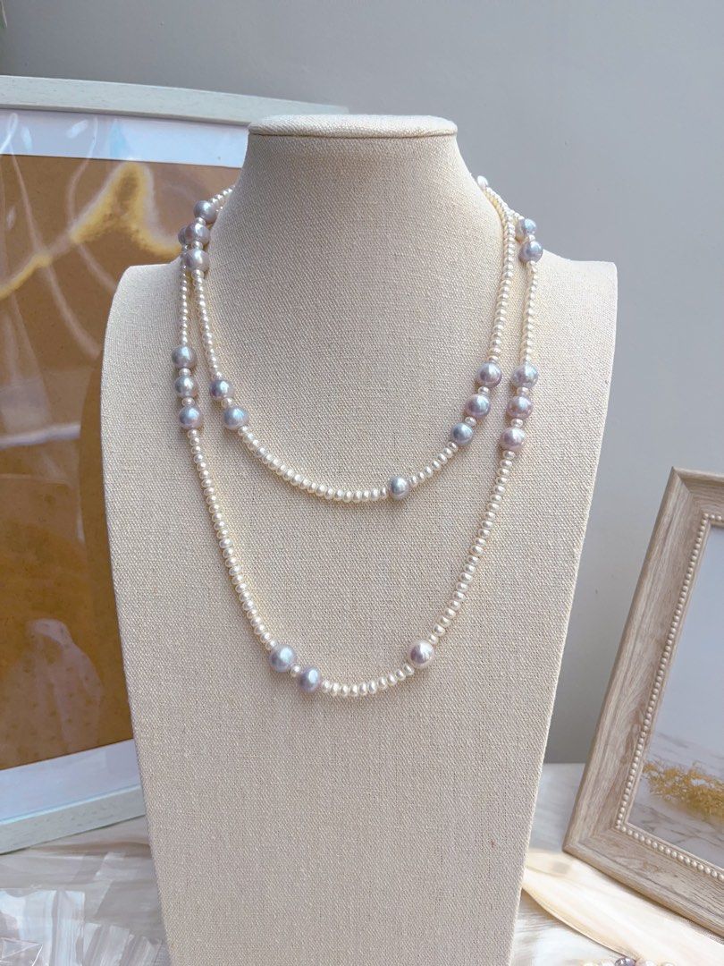 #PN654 Freshwater Pearl Necklace & Earrings Set| Grey-blue Big Pearl| Baby Abacus Pearl | Double Layered | Elegant | Bow Tie Clasp