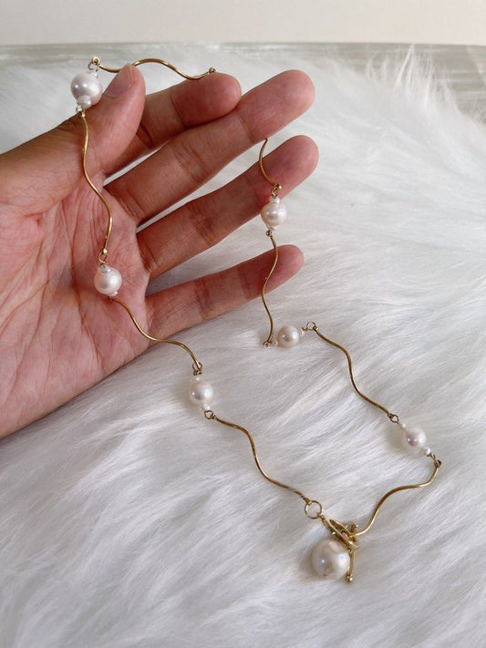 #PN655 Freshwater Pearl Necklace & Earrings Set| Stainless Steel | Titanium | Tarnish Free| Zircon Clasp| Pendant | “S” Shape