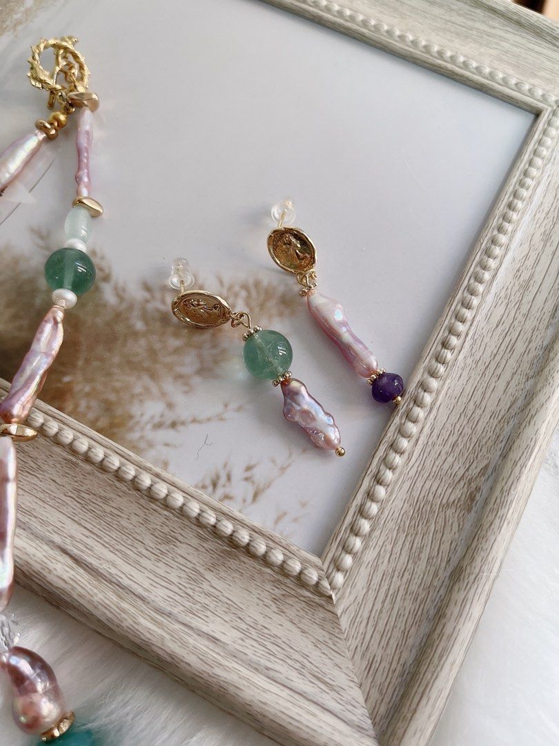 #PN656 Freshwater Pearl Necklace & Earrings Set| Purple Stick | Lustrous | Fluorite | Natural Stones | Metallic Gourd Pearl| Rose Clasp