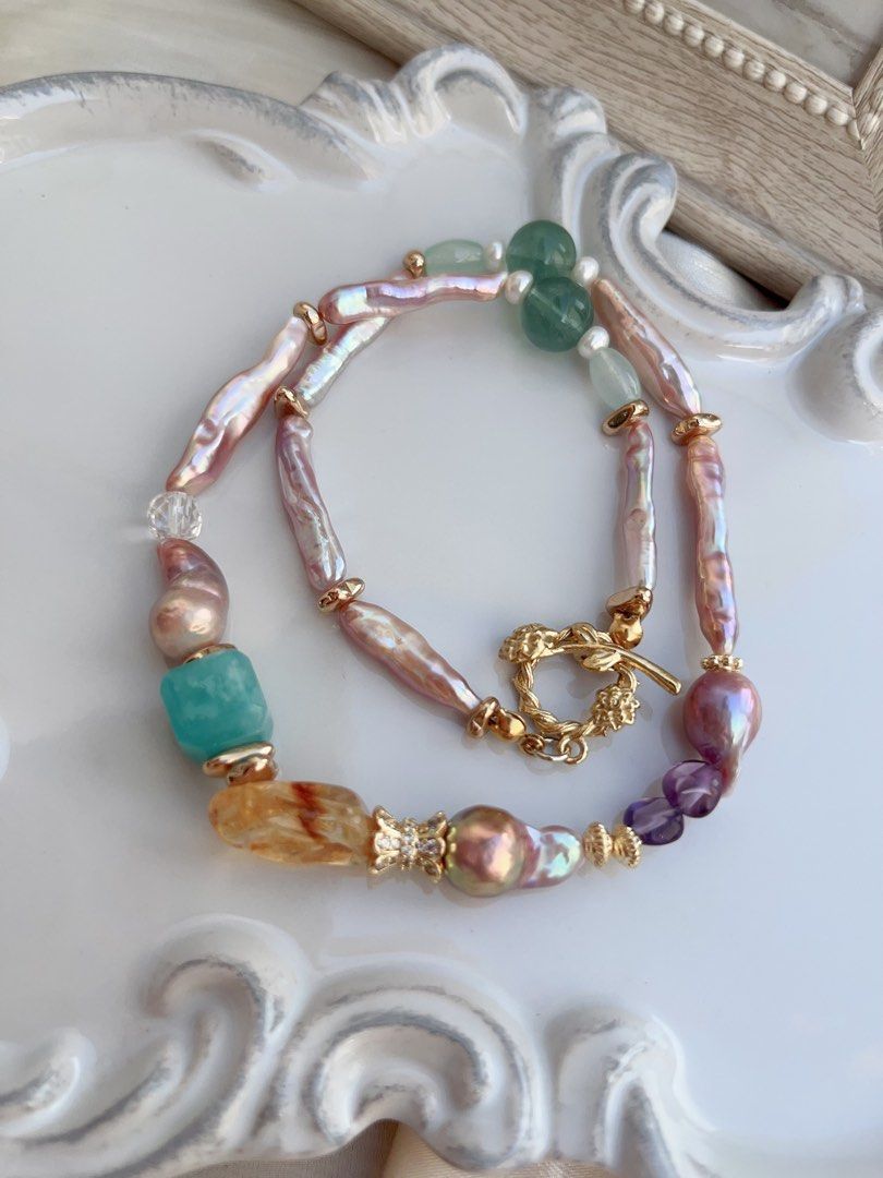 #PN656 Freshwater Pearl Necklace & Earrings Set| Purple Stick | Lustrous | Fluorite | Natural Stones | Metallic Gourd Pearl| Rose Clasp