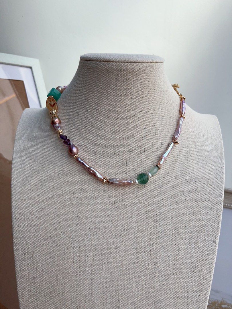 #PN656 Freshwater Pearl Necklace & Earrings Set| Purple Stick | Lustrous | Fluorite | Natural Stones | Metallic Gourd Pearl| Rose Clasp