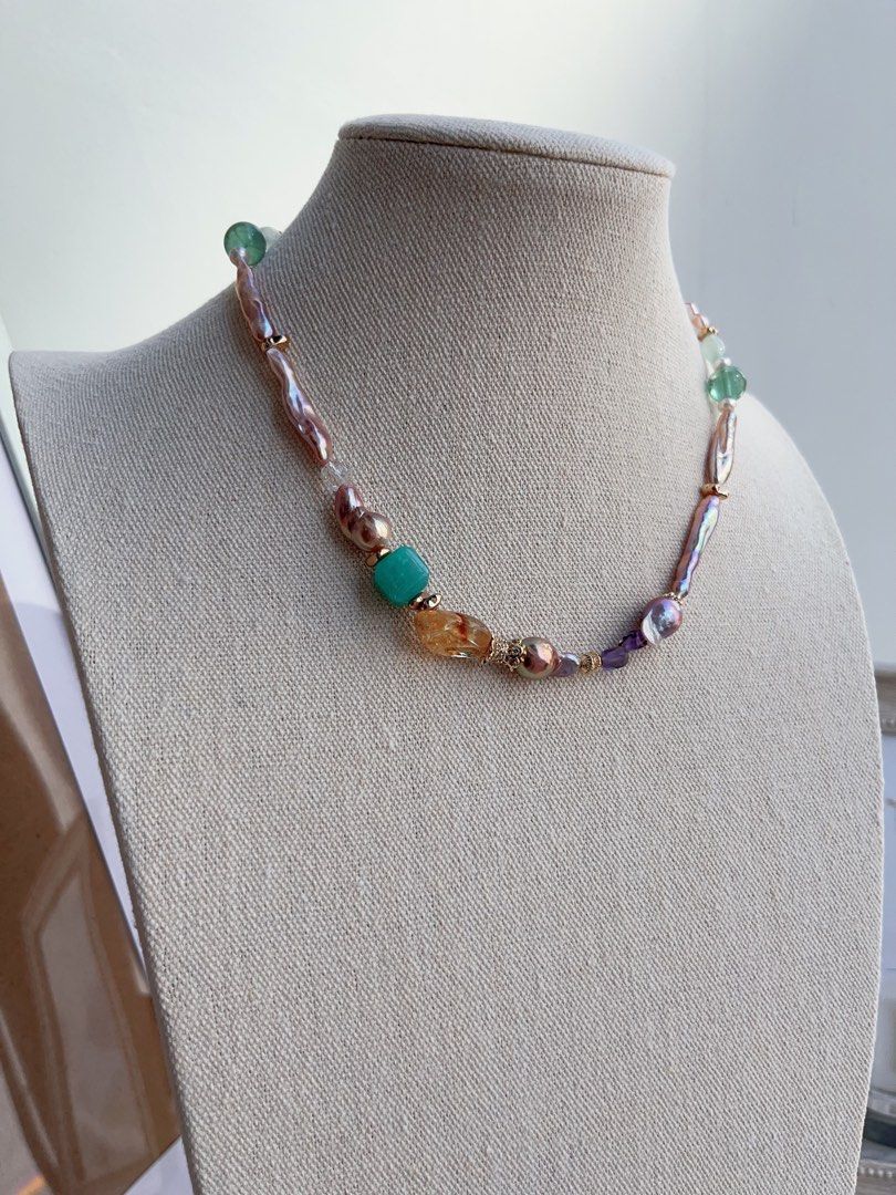 #PN656 Freshwater Pearl Necklace & Earrings Set| Purple Stick | Lustrous | Fluorite | Natural Stones | Metallic Gourd Pearl| Rose Clasp