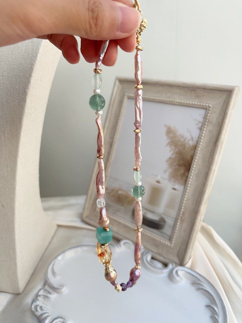 #PN656 Freshwater Pearl Necklace & Earrings Set| Purple Stick | Lustrous | Fluorite | Natural Stones | Metallic Gourd Pearl| Rose Clasp