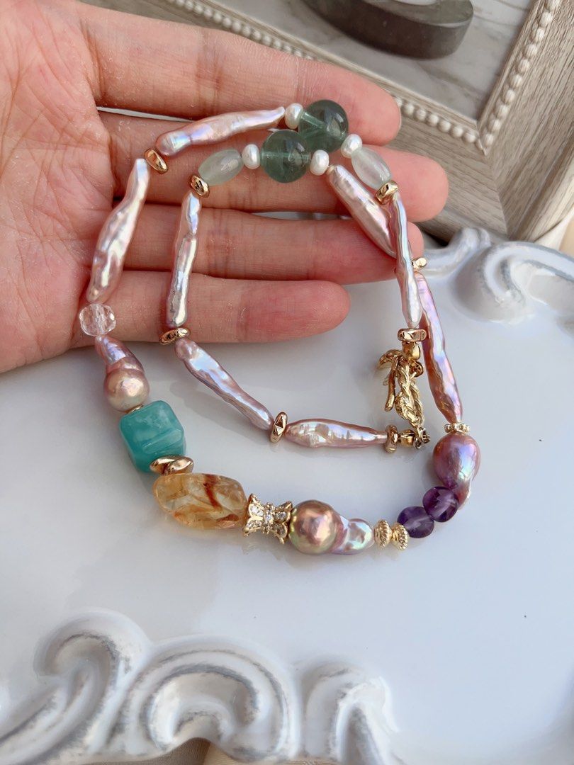#PN656 Freshwater Pearl Necklace & Earrings Set| Purple Stick | Lustrous | Fluorite | Natural Stones | Metallic Gourd Pearl| Rose Clasp