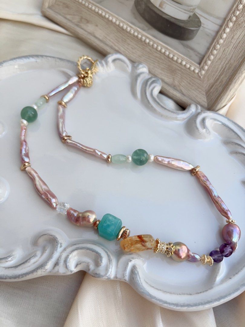 #PN656 Freshwater Pearl Necklace & Earrings Set| Purple Stick | Lustrous | Fluorite | Natural Stones | Metallic Gourd Pearl| Rose Clasp