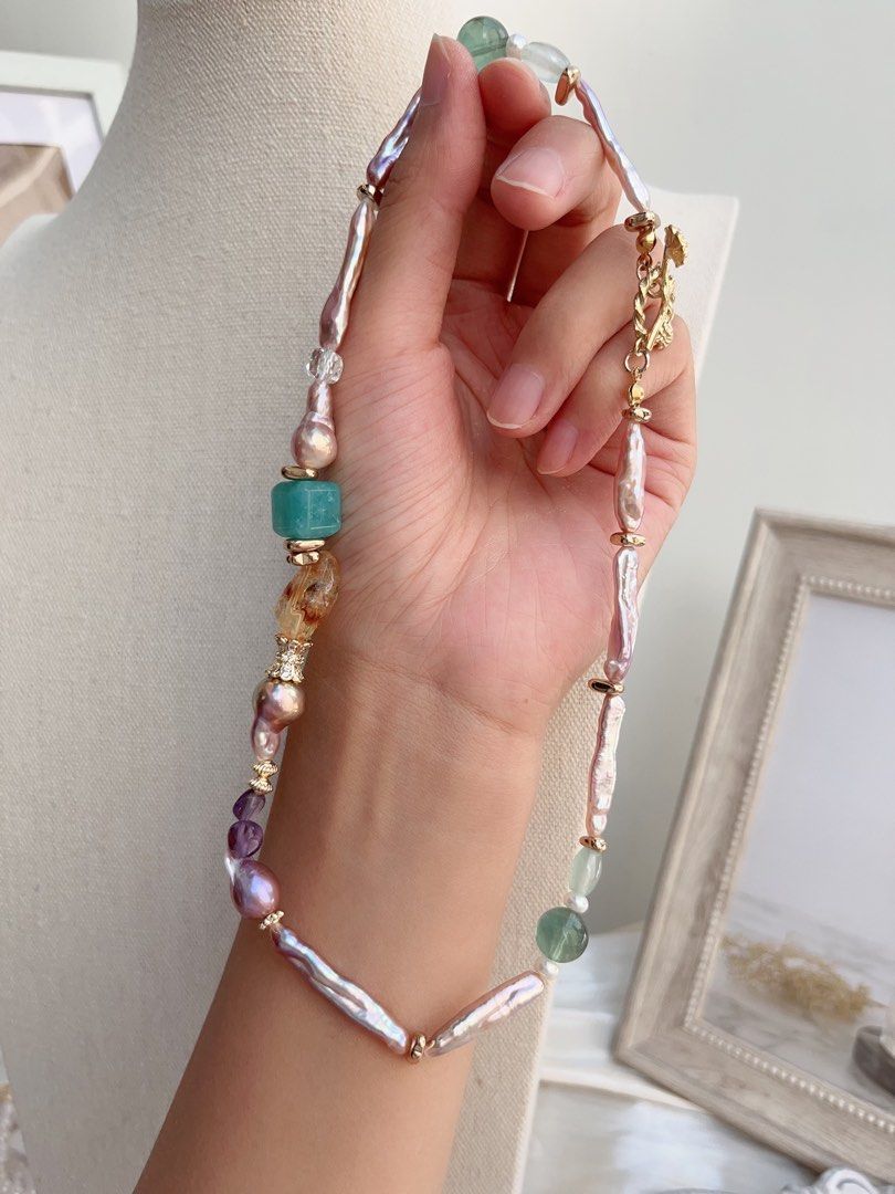 #PN656 Freshwater Pearl Necklace & Earrings Set| Purple Stick | Lustrous | Fluorite | Natural Stones | Metallic Gourd Pearl| Rose Clasp