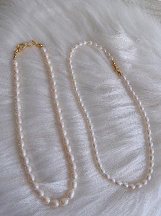 #PN657 Freshwater Pearl Necklace | Double Layered | Rice Pearl| Can Wear Separately | Multiple Wear| Lustrous | Natural Flaws| “8” Shaped Clasp