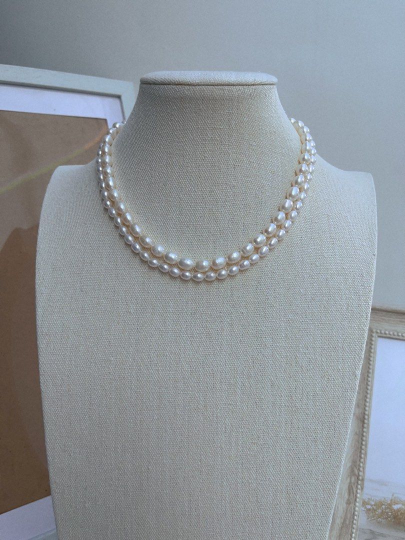 #PN657 Freshwater Pearl Necklace | Double Layered | Rice Pearl| Can Wear Separately | Multiple Wear| Lustrous | Natural Flaws| “8” Shaped Clasp