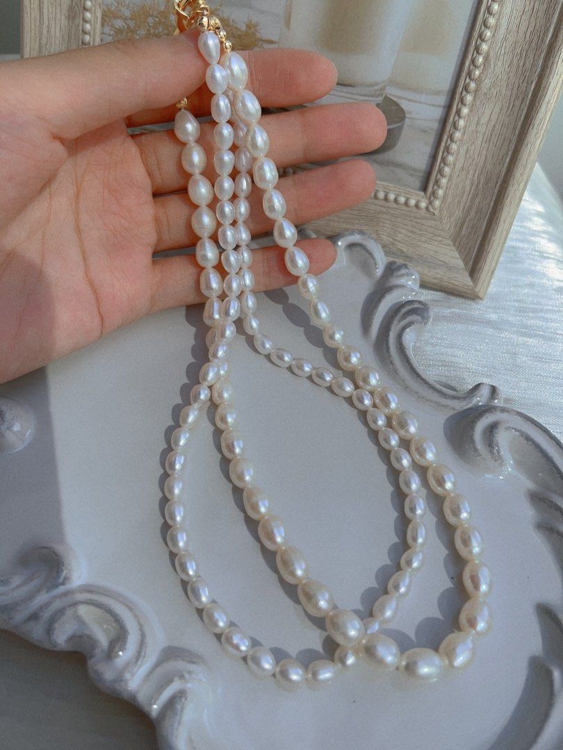 #PN657 Freshwater Pearl Necklace | Double Layered | Rice Pearl| Can Wear Separately | Multiple Wear| Lustrous | Natural Flaws| “8” Shaped Clasp