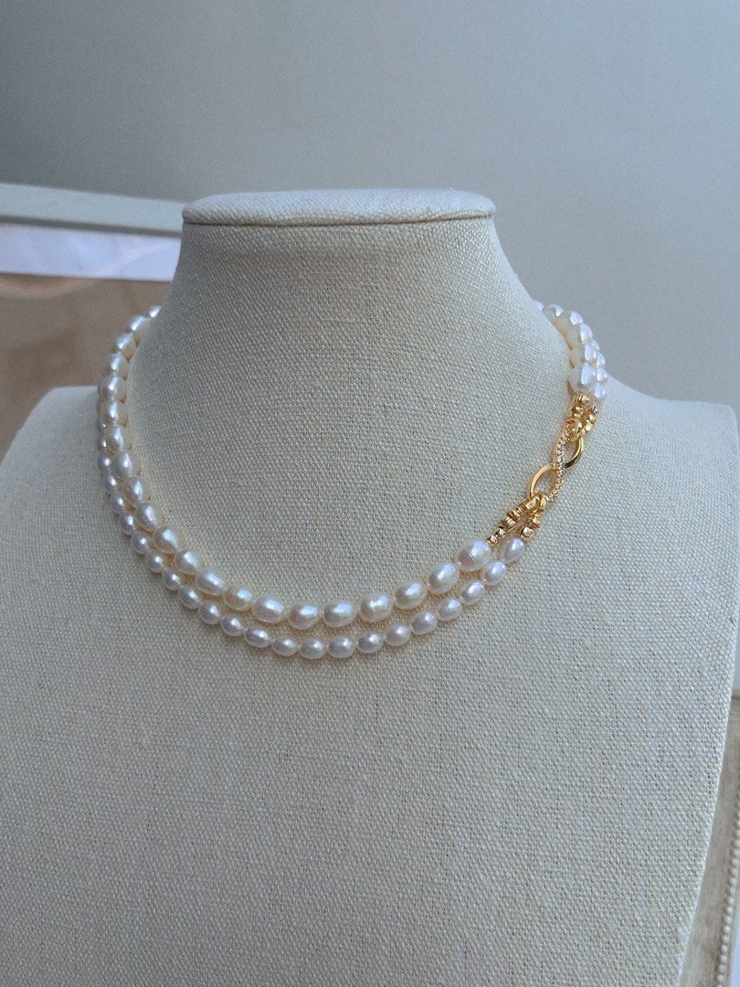 #PN657 Freshwater Pearl Necklace | Double Layered | Rice Pearl| Can Wear Separately | Multiple Wear| Lustrous | Natural Flaws| “8” Shaped Clasp