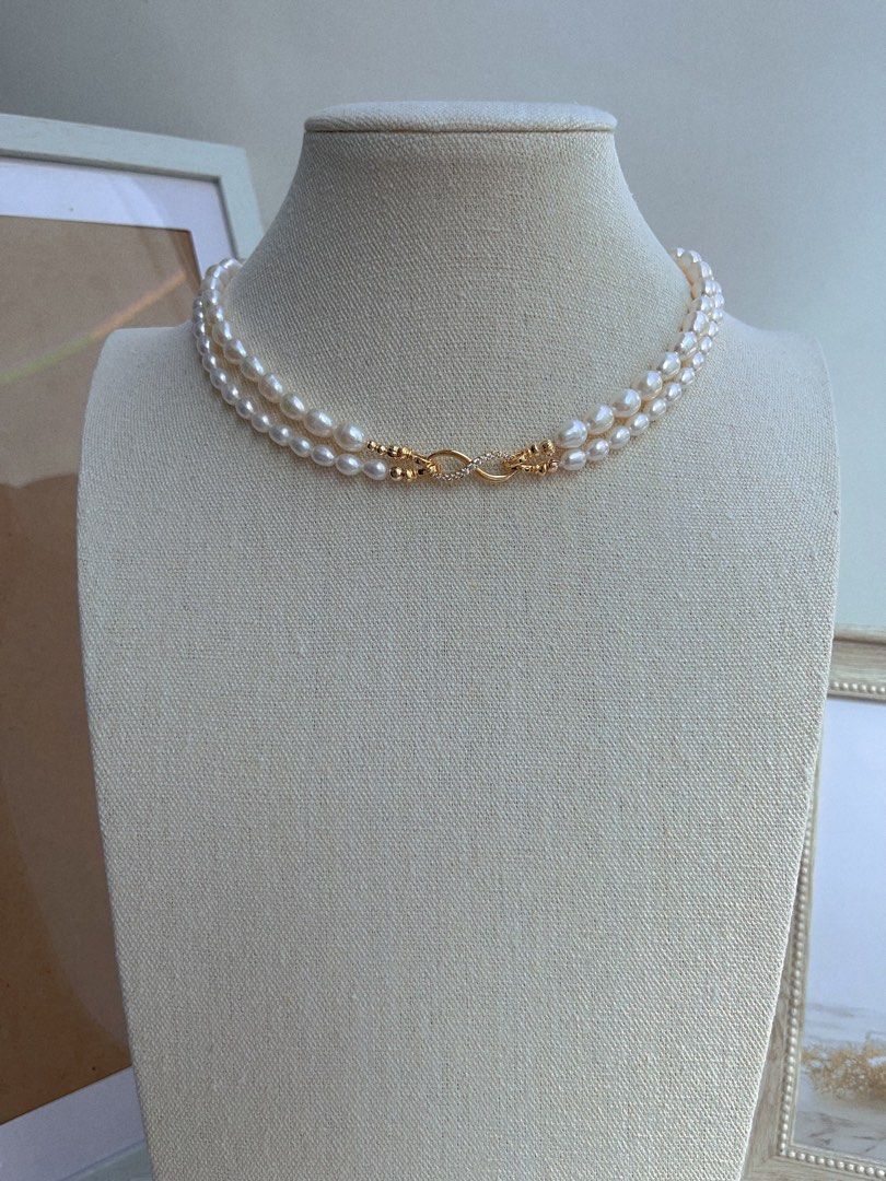 #PN657 Freshwater Pearl Necklace | Double Layered | Rice Pearl| Can Wear Separately | Multiple Wear| Lustrous | Natural Flaws| “8” Shaped Clasp