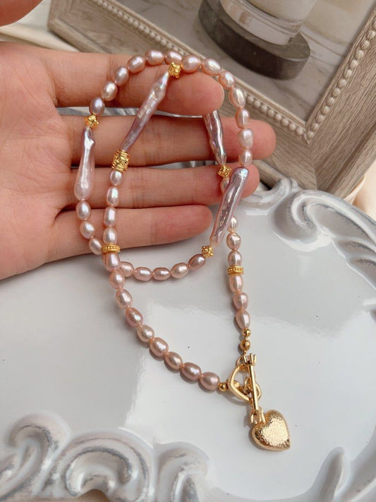 #PN659 Golden Purple | Freshwater Pearl Necklace & Earrings Set | Rice & Stick Baroque Pearl | Excellent Lustre | Heart Pendant