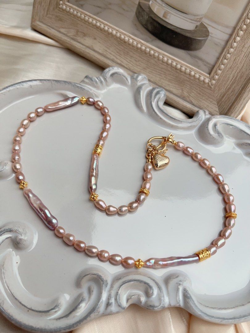 #PN659 Golden Purple | Freshwater Pearl Necklace & Earrings Set | Rice & Stick Baroque Pearl | Excellent Lustre | Heart Pendant