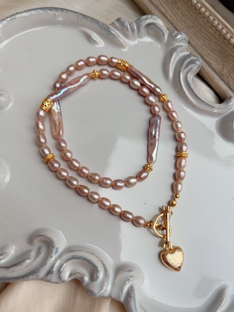 #PN659 Golden Purple | Freshwater Pearl Necklace & Earrings Set | Rice & Stick Baroque Pearl | Excellent Lustre | Heart Pendant